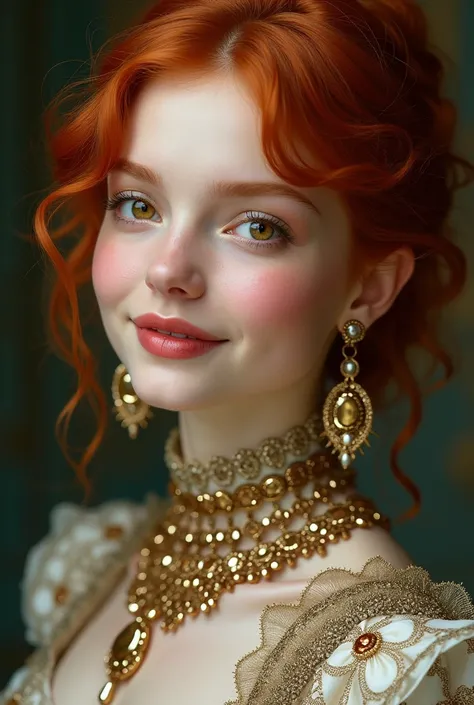 (8k 16k, RAW photo, best quality, master:1.2), (realistic, photo-realistic:1.37), ultra detailed, 1girl,solo, upper body, red hair, big gold eyes, realistic, looking at viewer, happy, smile, masterpiece, realistic photography, by Alphonse Mucha, by Wlop, )...