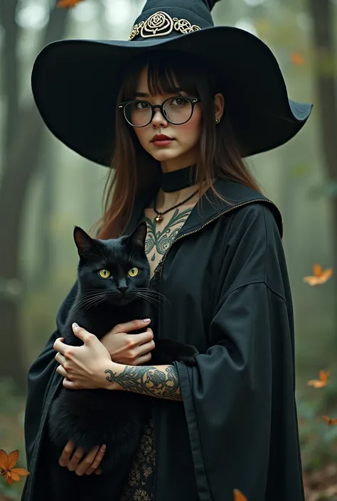 A witch with a hat A brown-haired woman with straight hair without long bangs, light brown eyes, eyelashes, oval face, tattoos, white with square glasses with black frames and her witch&#39;s knot with her black cat 