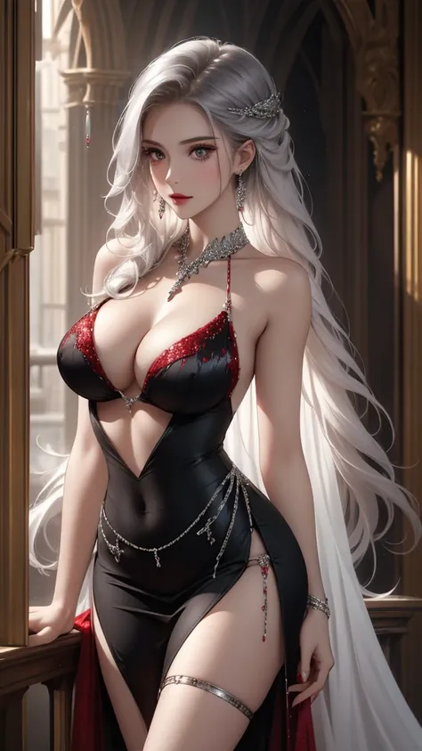 Pale skin, Closeup, Best quality, masterpiece, realistic, Beautiful sexy cool tall, slim, fit woman, wearing fancy silver-red sequin top and black skirt, intricate and highly detailed, cleavage, long silver hair, body chain, jewelry