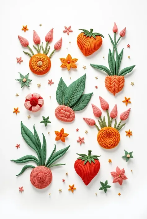 Generate a mood board for pink, green and orange embroidery on white 