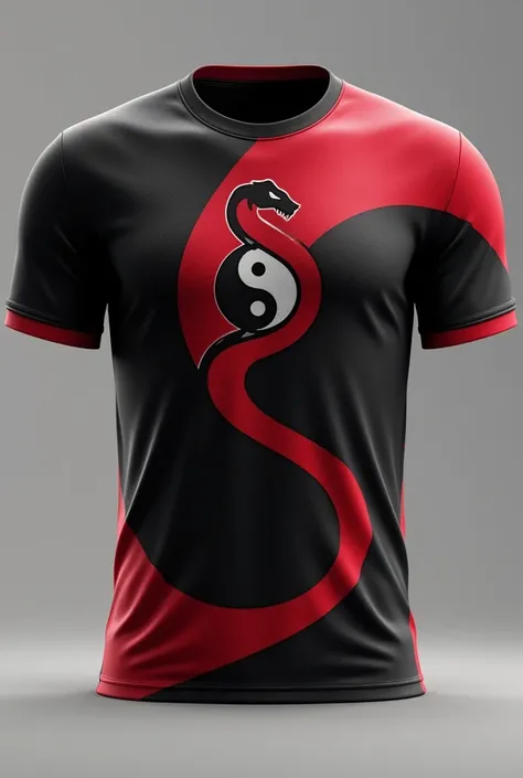 Create an image of an interclass shirt Team name Torra-Torra FC With a snake Color black and red With the symbol of the Ying Yang