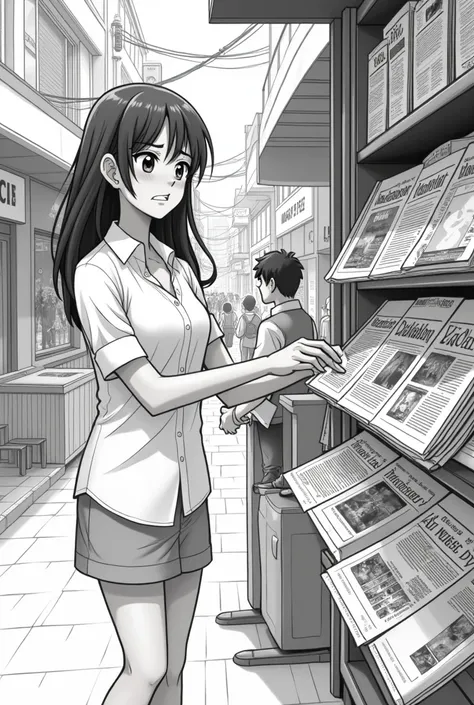 An easy to draw image of the same lady who, a little annoyed, goes to the newspaper stand and buys a magazine. 