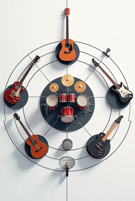 make a 2d drawing with centralized division, in each division appearing, guitar, drumkit, keyboard, bass guitar, mike, in circular shape