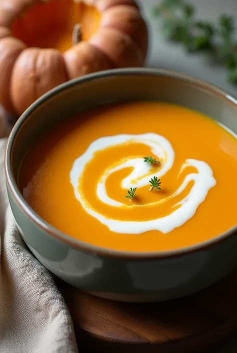 Create an image of this recipe: Pumpkin and Carrot Cream Ingredients:

- Pumpkin: 300 g - Carrot: 150 g - Onion: 50 g - Garlic: 10 g - Vegetable broth: 500 ml - Olive oil: 15 ml
- Sal: 5 g - Pepper: 2 g - Nutmeg: 1 g - Natural yogurt: 30 g (To decorate)

P...