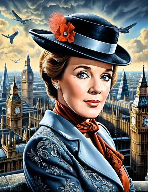 A perfect portrait picture of an enigmatic nany [Mary Poppins:Julie Andrews:0.1] with aerial background of London, insanely detailed and intricate, realistic style, Don Lawrence Style