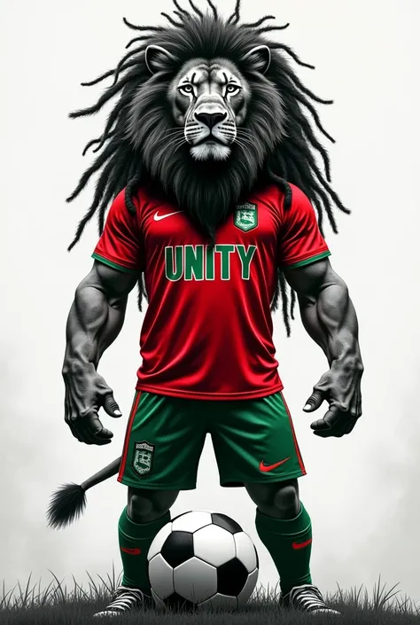 create an image of a black and white lion with dreadlocks in his mane with the colors red and green standing and stepping on a soccer ball dressed in a soccer team uniform without a shield or markings with the colors red and green written large on the BABA...