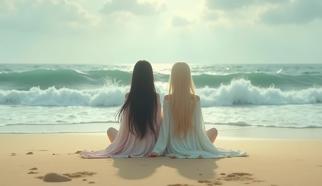 two long haired asian women, one brunette and the other blonde,, sitting on the sand at the beach looking at the sea on a cloudy day