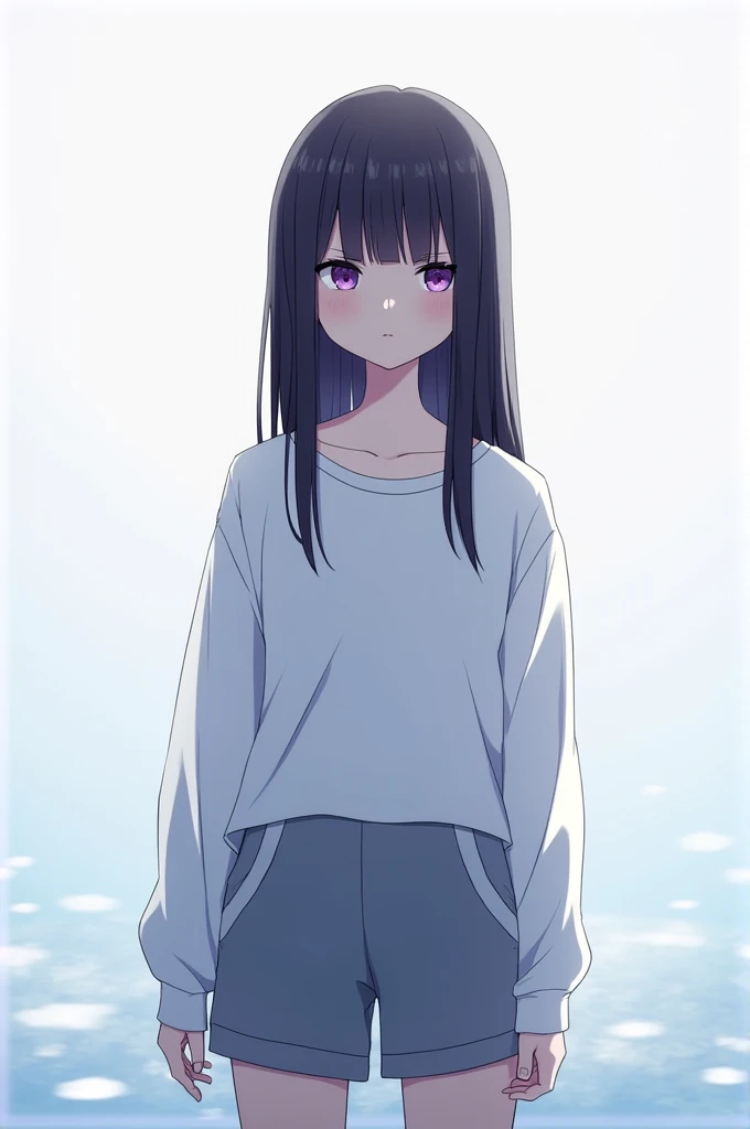 a quiet-looking 1 with straight black hair who wears sportswear and has purple eyes anime style image