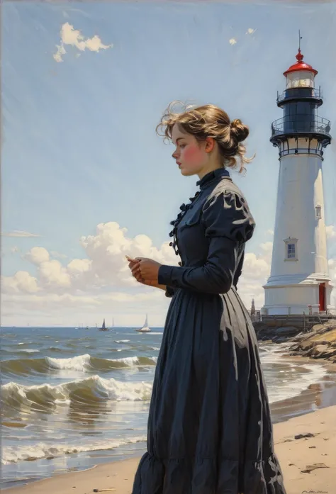 Lighthouse, girl, by Charles Dana Gibson, (best quality, masterpiece, Representative work, official art, Professional, 8k, Ultra intricate detailed:1.3)