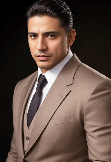 A detailed photograph of an confident looking latino looking directly at the camera, standing straight, hands relaxed, square jaws, masculine shaved face, wrinkles, buff looking, wearing a light brown blazer, realistic skin texture, black background, sharp...