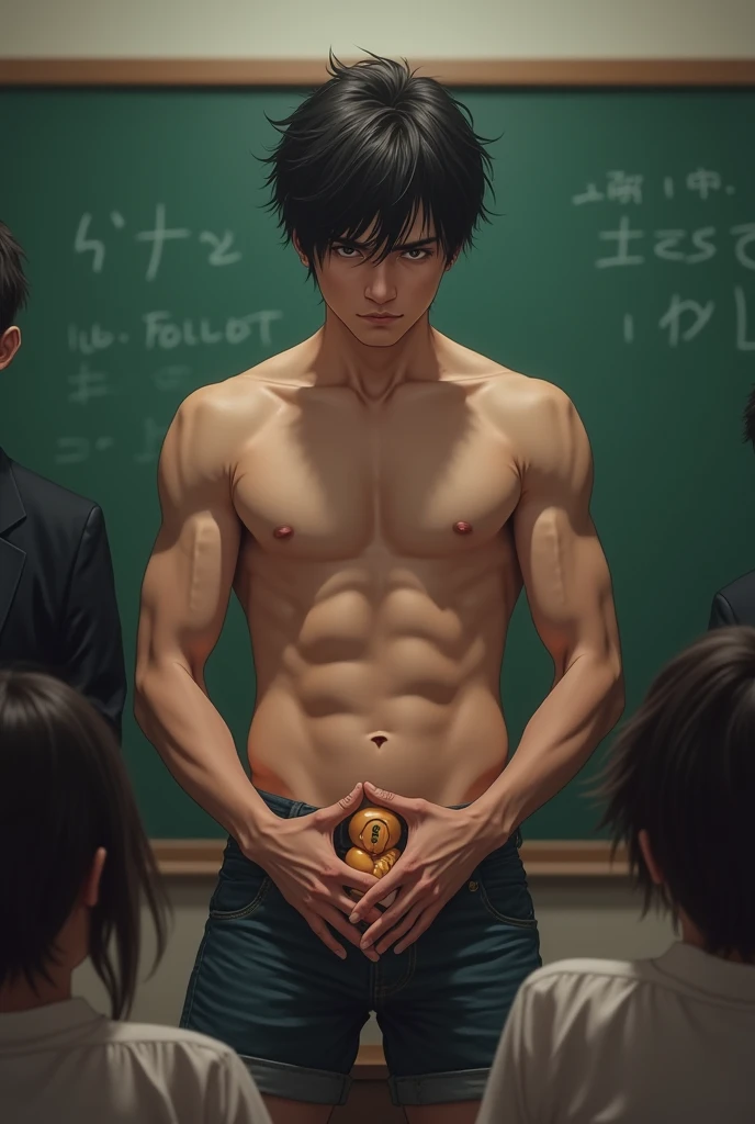 1boy、Cute handsome man、Japanese male, 、handsome man、Mash Hair、Completely naked、Full nudity、erection、Huge penis、Highest quality、Realistic、beautiful、Sad look、Cover your penis with both hands、In front of the blackboard in the classroom、Many students、完全Complet...