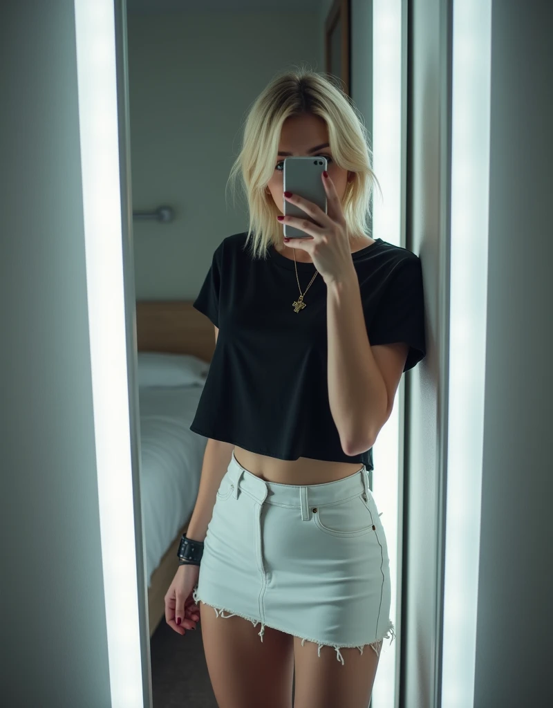 Photo of a young blonde girl, taking a selfie in her bedroom, makes a very sexy pose with her phone in front of her mirror. She hides her face completely. She wears a very short white skirt, that reaches down to her buttocks. She is wearing a black T-shirt...