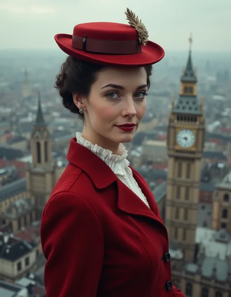 A perfect portrait picture of an enigmatic nany Mary Poppins [Julie Andrews:Emily Blunt:0.5] with aerial background of London, insanely detailed and intricate, realistic style, Don Lawrence Style