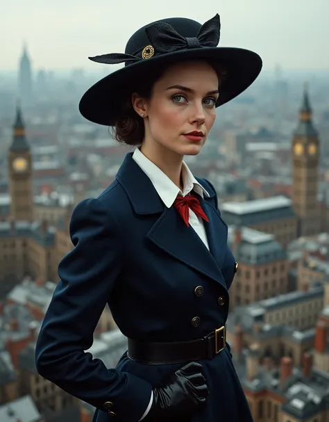 A perfect portrait picture of an enigmatic nany Mary Poppins [Julie Andrews:Emily Blunt:0.5] with aerial background of London, insanely detailed and intricate, realistic style, Don Lawrence Style