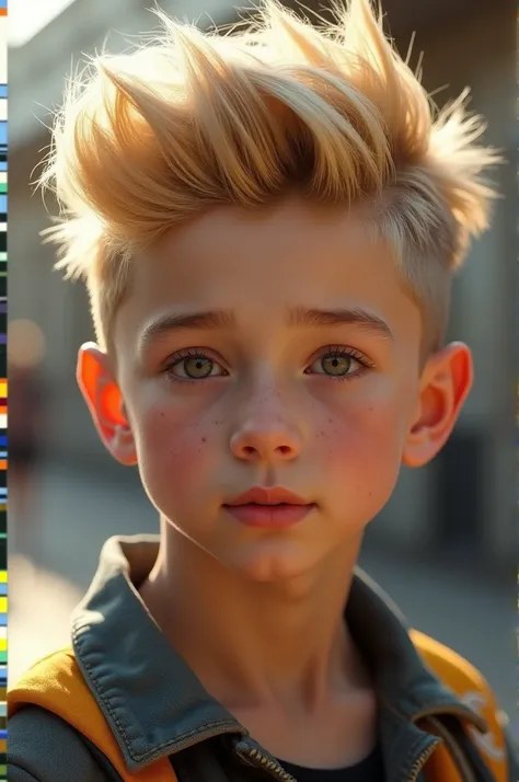  Model boy kid  with blonde hair is styled in a modern and trendy manner, with a voluminous top that is swept to one side and slightly textured. The sides are closely trimmed, creating a contrast with the longer hair on top epic realism 
High Resolution, S...