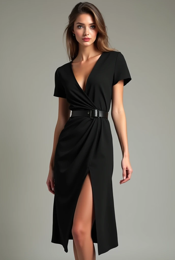 Black knee length dress, with a slit that starts mid-thigh, With short sleeve, crepe fabric, Female One
