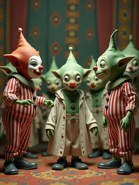 A photo of strange creatures, a mix of vintage clowns and Draags in the style of Rene Laloux. The vintage clowns have red and white striped suits, red noses, and white makeup on their faces. The Draags have green skin, large eyes, and wear white robes. The...