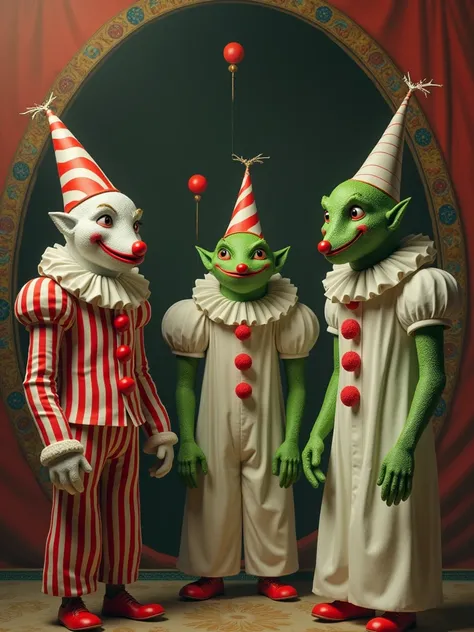 A photo of strange creatures, a mix of vintage clowns and Draags in the style of Rene Laloux. The vintage clowns have red and white striped suits, red noses, and white makeup on their faces. The Draags have green skin, large eyes, and wear white robes. The...