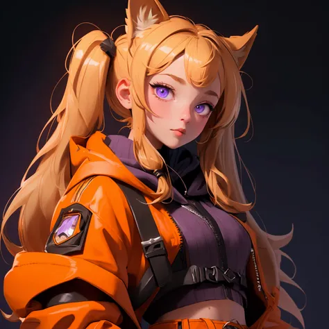 envision a 8k, highres, cinematic, close up beautiful portrait of a short girl named Gigi Murin with dark brown and blonde multicolored hair in twin tails, a tail, purple eyes, wearing an animal hood, hood up, orange jacket, cropped jacket, white shirt, me...