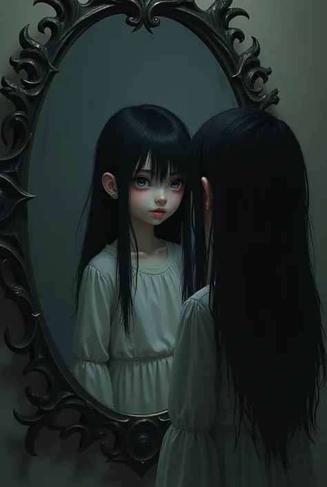 young girl with long evil hair with a disturbing smile looking at herself in the mirror