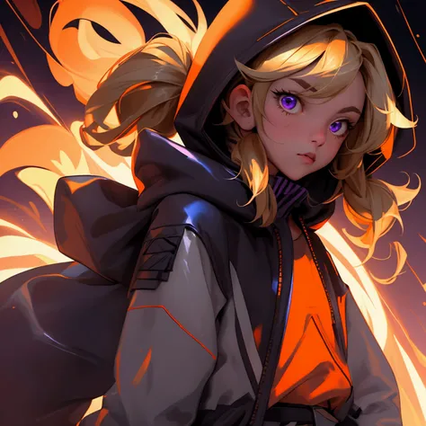 envision a 8k, highres, cinematic, close up beautiful portrait of a short girl named Gigi Murin with dark brown and blonde multicolored hair in twin tails, a tail, purple eyes, wearing an animal hood, hood up, orange jacket, cropped jacket, white shirt, me...