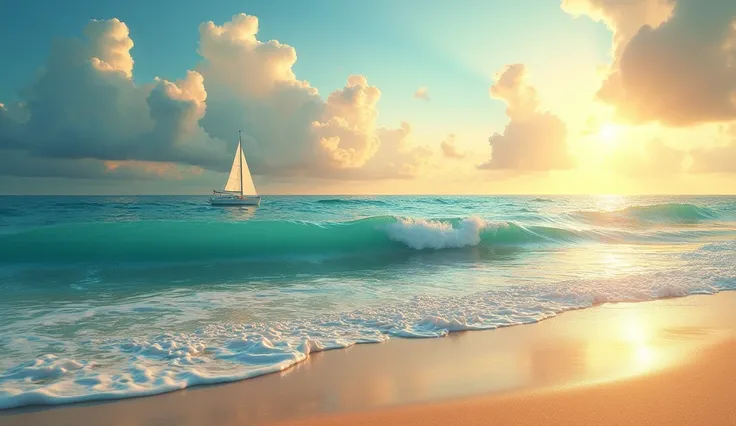 (photorealism:1.2), Beautiful view of the blue ocean from the shore of a tropical beach, golden hour, medium waves, with foam, a white sailboat far away on the horizon