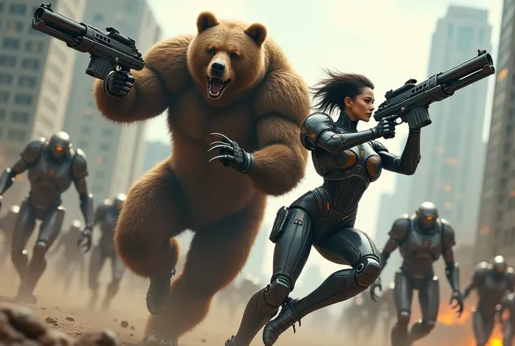 ((A beautiful girl combat cyborg and her partner, a brown bear cyborg))、Two cyborgs、(The beautiful girl&#39;s partner is a brown bear)、Angle from below、(Perfect Anatomy:1.4)、Watching the audience、A futuristic cityscape that has become a battlefield against...