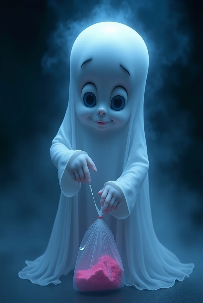 I need a picture of the ghost casper (that is identical to the movie and does not look cute, I don&#39;t want him to have rosy cheeks or look like a baby., I want it to look serious), where he is holding a plastic bag that contains pink powder inside. The ...