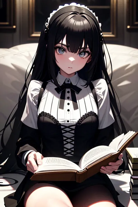 masterpiece, best quality, 1girl, half black and white girl, with gothic clothes reading a book 