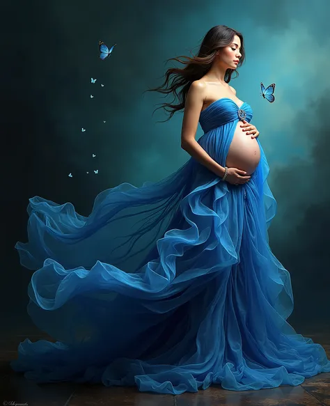 pregnant woman in blue dress with butterflies flying around her, digital art inspired by Cynthia Sheppard, trending on cg society, digital art, maternal photography 4 k, blue swirling dress, belly free teal dress, pregnant belly, modeling photography, dres...