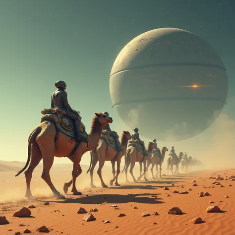 A futuristic caravan traverses a desolate desert landscape. The caravan consists of several biomechanical creatures resembling camels, each equipped with advanced technological features. A lone rider, clad in a sleek, protective suit, sits atop one of the ...