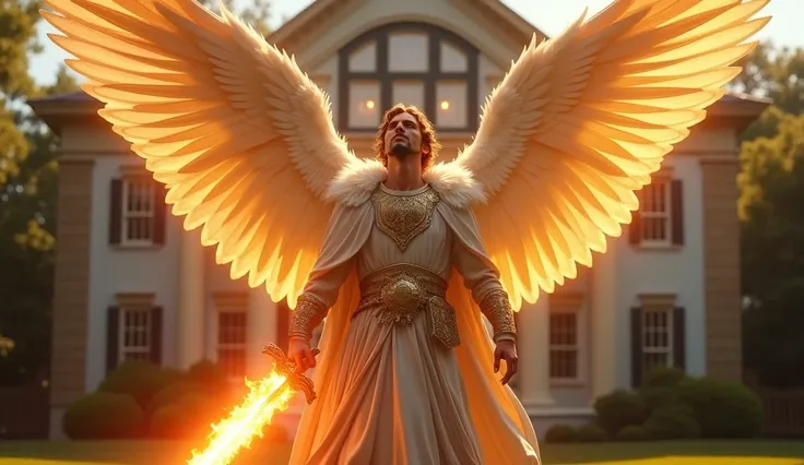 prompt: anjo celestial, male, warrior with a flaming sword in front of a house, conveying the feeling that you are guarding the house conveying an image of security and trust rendered in a photorealistic, cinematic style