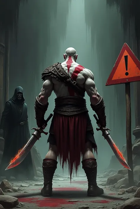 make a simple drawing of Kratos from God of War 3 with his back turned with the Blade of Chaos wanting to attack the attendant and on the right a sign saying "Forbidden to kill gods or mortals while waiting"