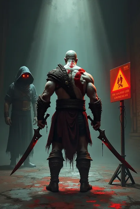 make a simple drawing of Kratos from God of War 3 with his back turned with the Blade of Chaos wanting to attack the attendant and on the right a sign saying "Forbidden to kill gods or mortals while waiting"