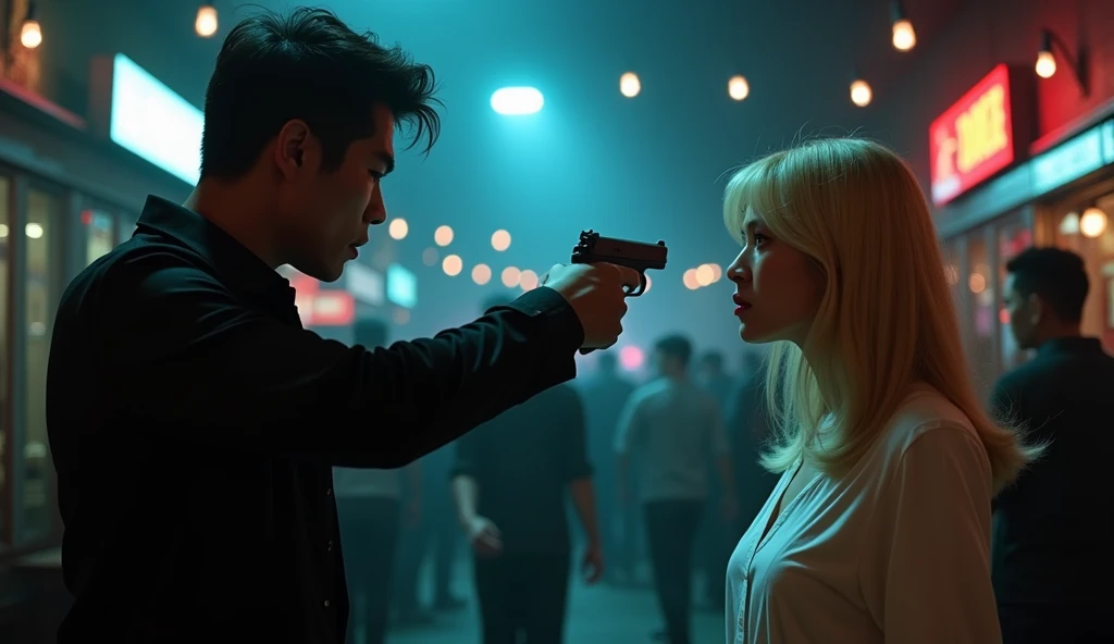 an asian man in black clothes, pointing a gun at a blonde Asian woman in white clothes, in a night club