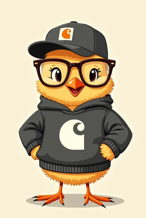 Drawings of a Chick referring to a superhero. with a carhartt sweater and a cap, brown glasses designed in a minimalist black and white logo style 