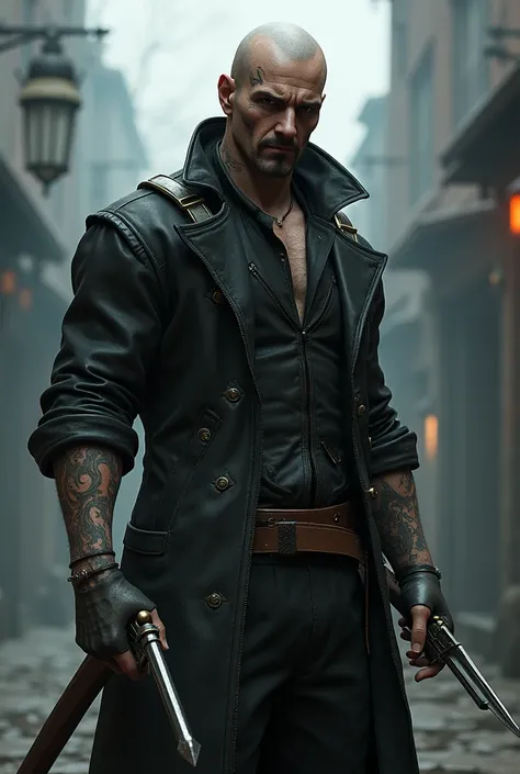 tattood male model shaved head, pointy mustachy, soul pach, glasgow smile scars, tall, slim fit, dressed as the main caracter from the bloodborn videogame, one shoot flint pistol in the one hand, rapiir sward in the other, in the town from the bloodborn vi...