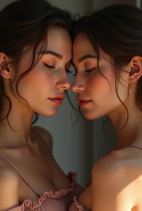 Two hot twin girls kissing, close up, touching noses