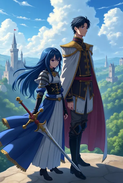 A prince and a girl who is a dark blue-haired knight , anime style and together 