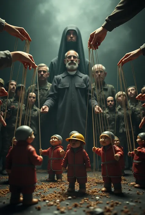 (photorealism:1.2), dark scene, hands with threads as manipulating muppets, these muppets look like the working class, in the front there are people with power, like judges, presidents, army, Catholics, technology 
