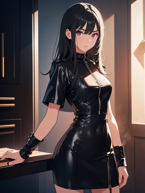 Girl, serious features,(hands behind back), ((she has black eyes+Long black hair+Short black leather dress)), high definition, high detailing, detailed face, detailed eyes, detailed body