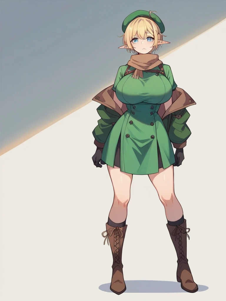 Elf、1female、short hair、Blonde、Big Breasts、Light blue eyes、Black elbow gloves、Black knee-high socks、Small black beret、Brown scarf、Green dress、black studded jacket、Brown boots、whole body、Are standing