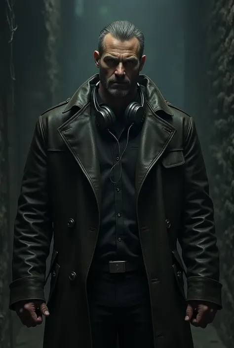 man with an angry face, he wears a leather coat and has a headset hanging around his neck, he is in a dark place