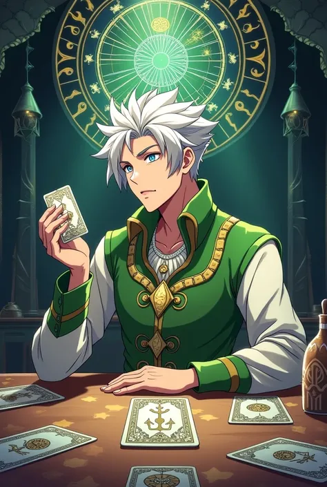 Young man with platinum hair wearing a green and white wizard outfit, sitting at a table with tarot, in his left hand the tarot card the star, アニメ,gypsy person, in the background an astrological mandala