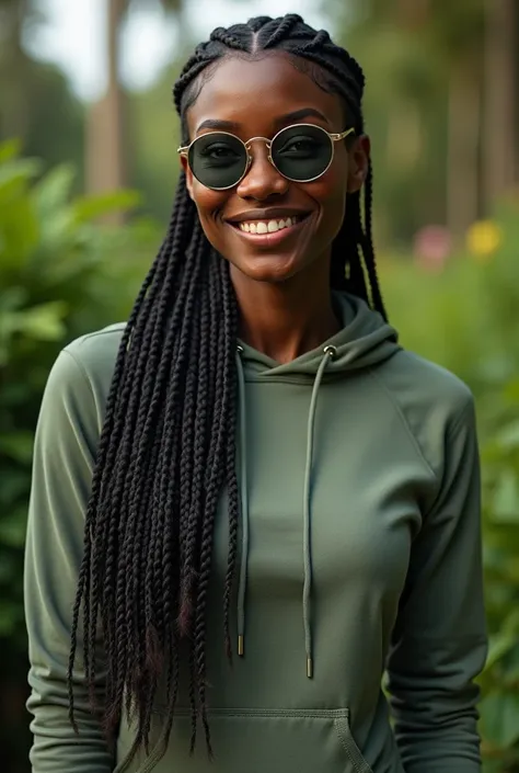 (photorealism:1.2), beautiful Kenyan woman,22 years,sharp boobs,smiling,wearing a fitting hoodie,long braids,oversized round photo chromatic strong prescription glasses with grey lenses, standing , realistic details,plants in background.cardi b inspiration...