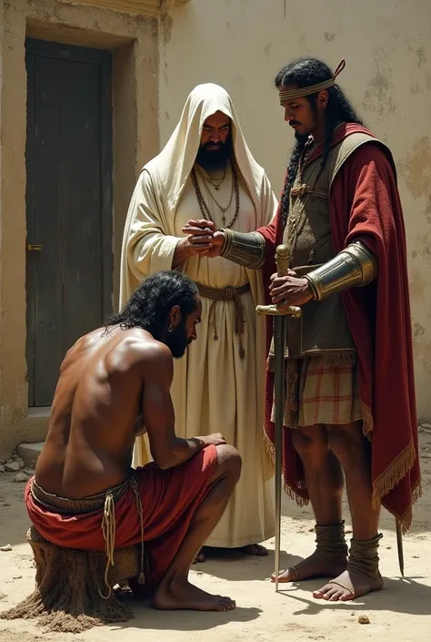 A pre-Columbian Indian on his knees, a European soldier from 1500 behind him with a sword in his hand and a priest blessing the Indian