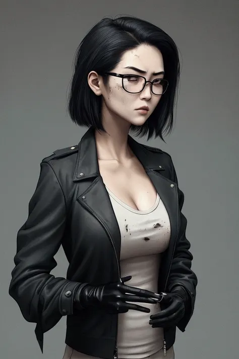 Russian-Japanese woman with serious appearance. He has short, disheveled black hair., which falls lightly over her forehead and partially covers her eyes. Wear glasses with clear lenses, and his facial expression is serious or perhaps bored.. His face is s...