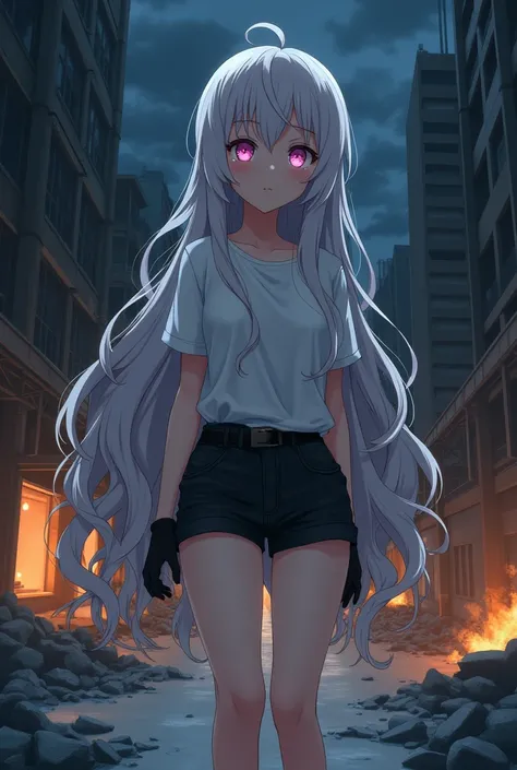 I want to create an anime style character. She has very long, wavy, dull white hair with light pink eyes and her expression is very sad and desperate, she is crying.. She wears tight black shorts, a white shirt rolled up, black gloves and white sneakers. 
...