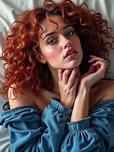 Woman, curly hair: cherry red color, naked, very tiny breasts, very big ass, very large thighs and large hips