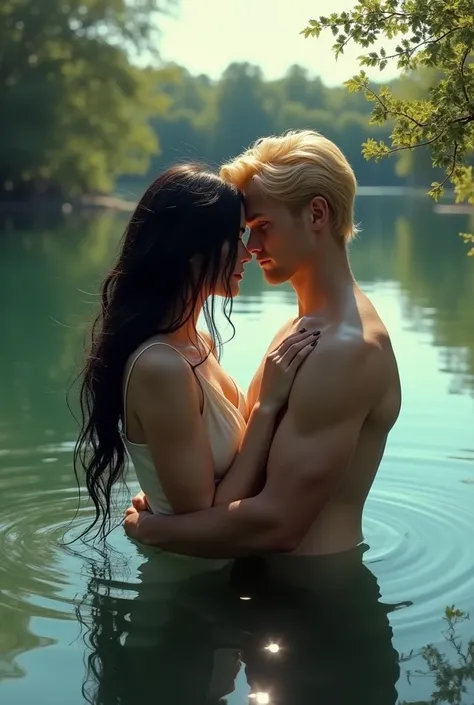 a woman with long black hair with a blond man in a lake 